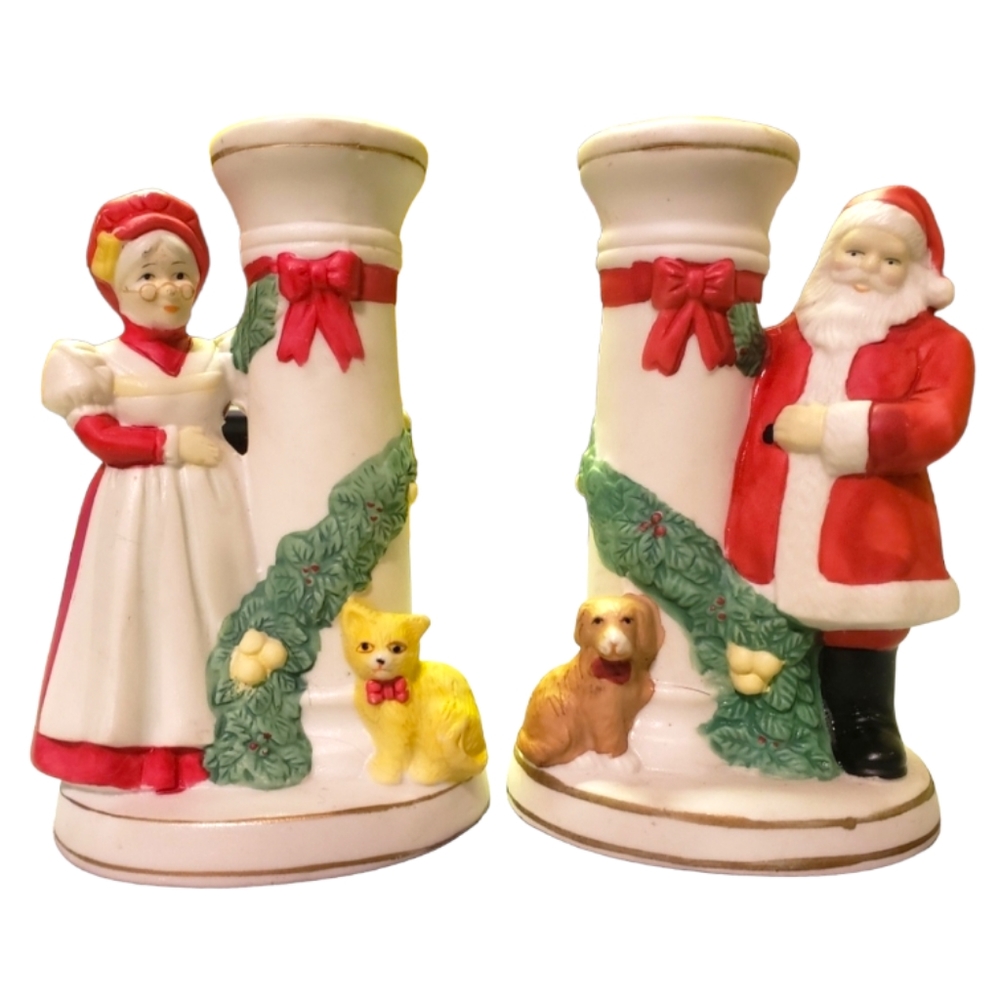Vtg Santa/Mrs Claus Kitten/Pup Candlestick Holder